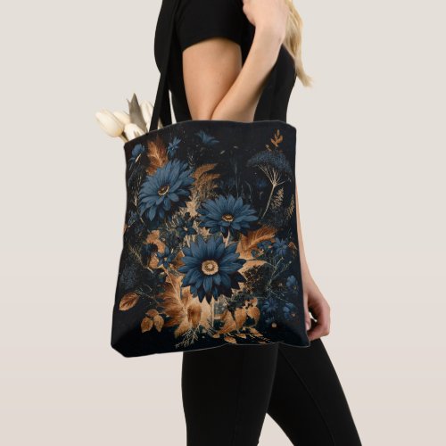 Dark Navy Blue  Gold Rustic Floral Glam Boho  Tote Bag