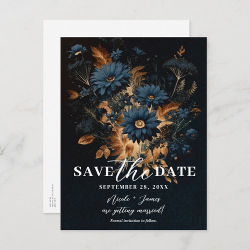 Dark Navy Blue Gold Rustic Glam Boho Save the Date Announcement Postcard