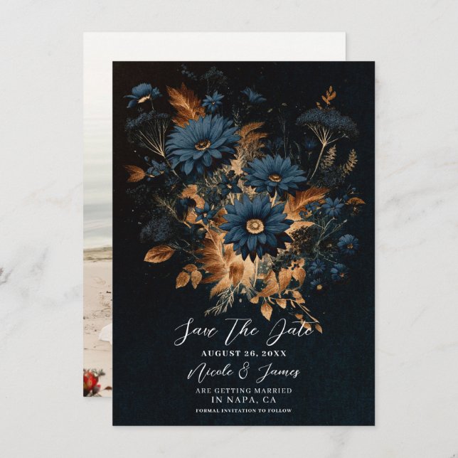 Dark Navy Blue Gold Rustic Glam Boho Save the Date Invitation (Front/Back)