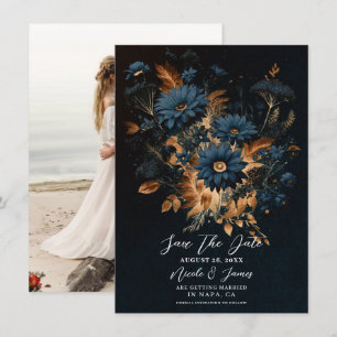 Dark Navy Blue Gold Rustic Glam Boho Save the Date Invitation
