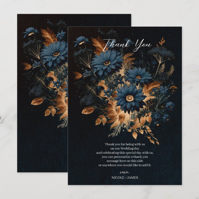 Dark Navy Blue & Gold Rustic Glam Boho Wedding  Invitation (Front/Back)