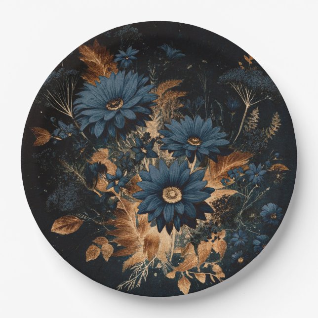 Dark Navy Blue & Gold Rustic Glam Boho Wedding  Paper Plates (Front)