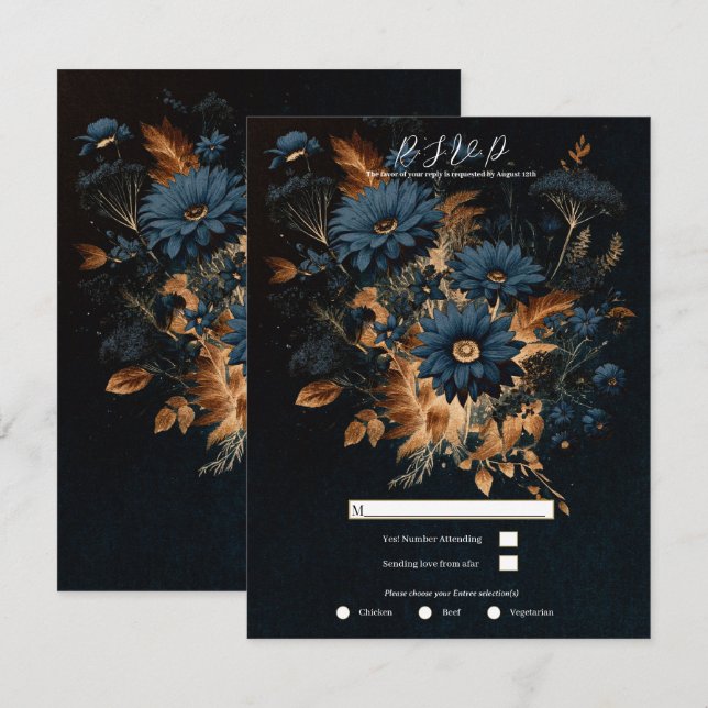 Dark Navy Blue Gold Rustic Glam Boho Wedding RSVP Invitation (Front/Back)