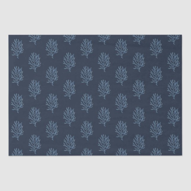 Dark Navy Blue Marine Life Corals Pattern Tissue Paper (Front)