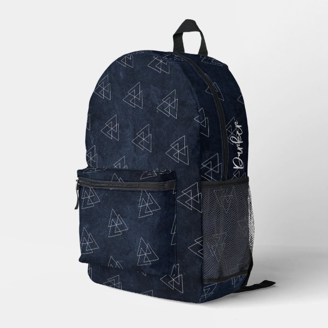   Dark Navy Blue Modern Geometric Pattern Add Name Printed Backpack (Back Corner Right)
