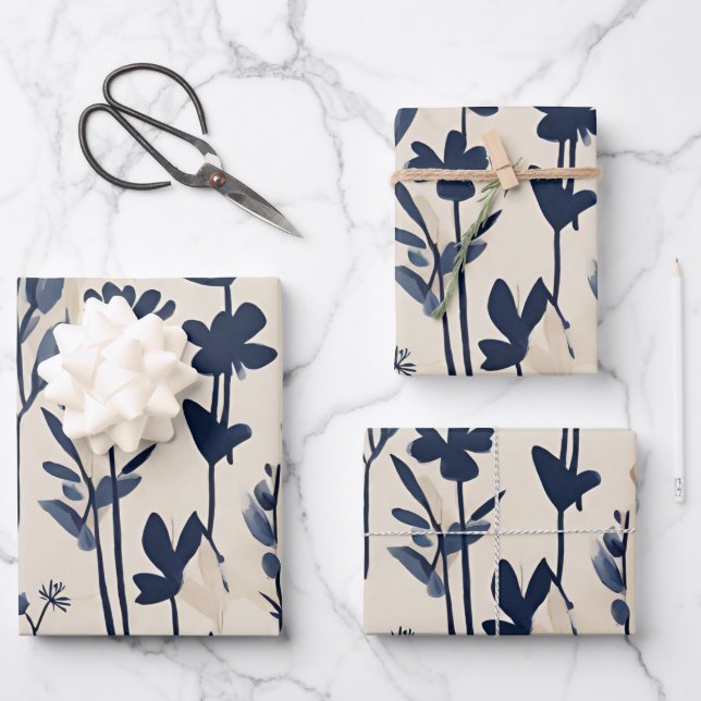 Dark Navy Blue Modern Groovy Daisy Flowers Wrapping Paper Sheets (Front)