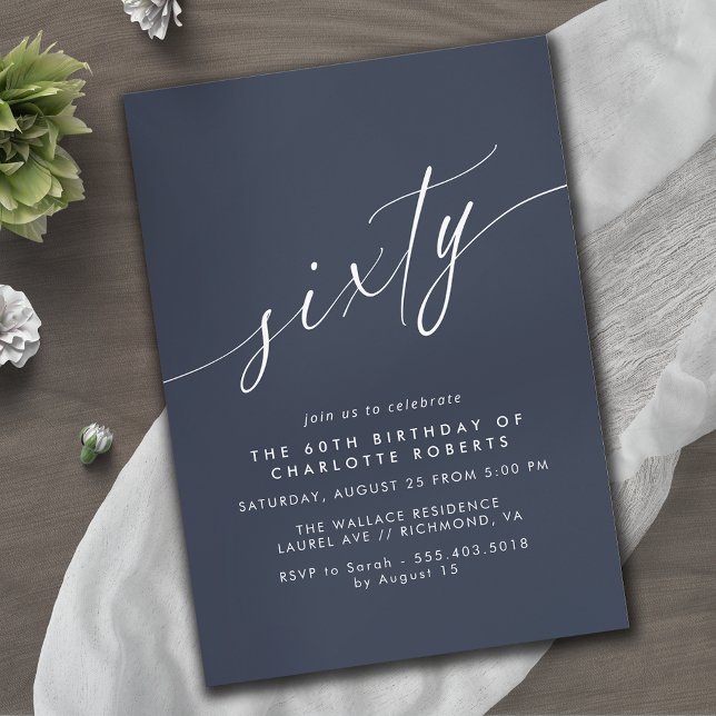 Dark Navy Blue | Modern Script 60th Birthday Invitation (Creator Uploaded)