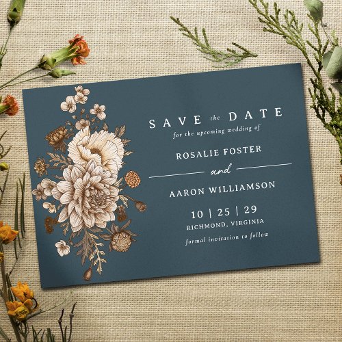 Dark Navy Blue  Neutral Floral Moody Vintage Save The Date