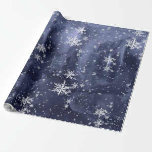 Dark Navy Blue Night Sky Fresh Fallen Snowflakes Wrapping Paper