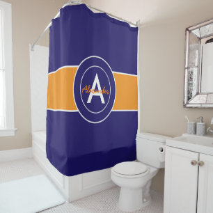 Dark Navy Blue Orange Shower Curtain