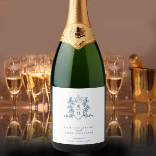 Dark navy blue photo crown monogram wedding sparkling wine label