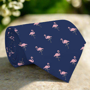 Dark Navy Blue Pink Flamingo Tropical Bird Neck Tie