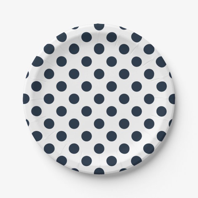 Dark navy blue polka dots paper plates (Front)