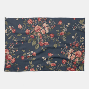 Dark Navy Blue Red Sage Cottage Floral Kitchen Towel