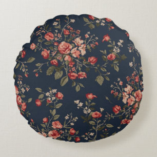Dark Navy Blue Red Sage Cottage Floral Round Pillow