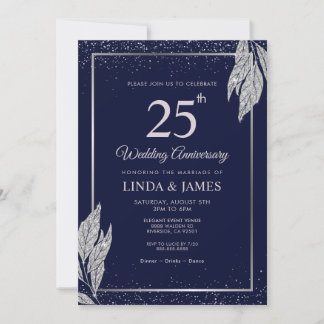 Dark Navy Blue Silver Leaf Wedding Anniversary Invitation