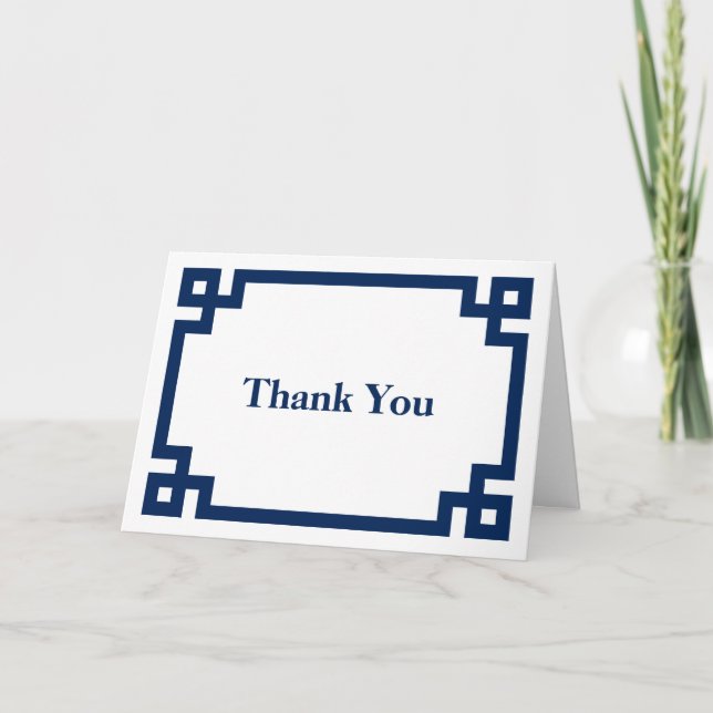 Dark Navy Blue Thick Greek Key Border Thank You Card (Front)
