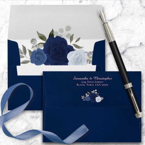 Dark Navy Blue Watercolor Floral Elegant Wedding Envelope
