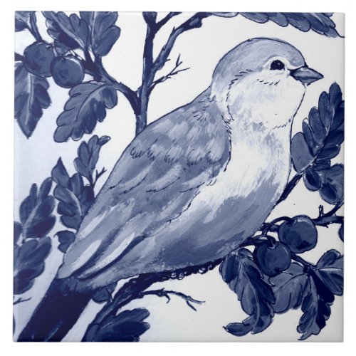 Dark Navy Blue White Bird  Cherry Tree Cobalt Ceramic Tile