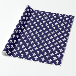 Dark Navy Blue White Fleur de Lis Pattern Wrapping Paper