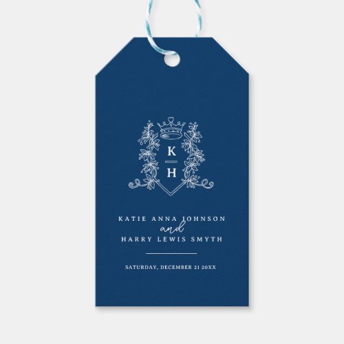 Dark navy blue white photo crown monogram wedding gift tags