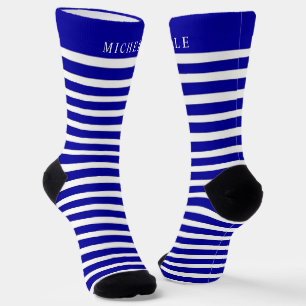 Dark Navy Blue White Retro Striped Custom Name Socks