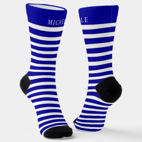Dark Navy Blue White Retro Striped Custom Name  Socks