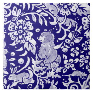Dark Navy Blue Woodland MURAL Bear Top Right Ceramic Tile