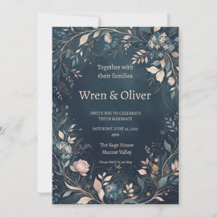 Dark Navy Blush Floral Wedding Invitation