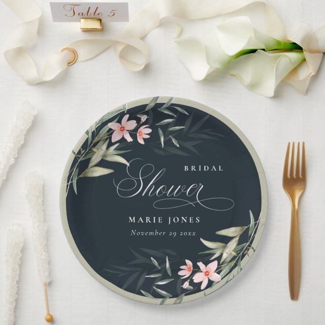Dark Navy Blush Greenery Floral Bridal Shower Paper Plates (Wedding)