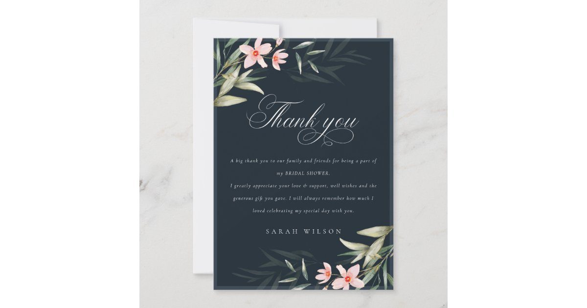 Dark Navy Blush Greenery Floral Bridal Shower Thank You Card | Zazzle