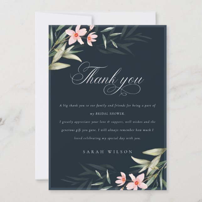 Dark Navy Blush Greenery Floral Bridal Shower Thank You Card (Front)