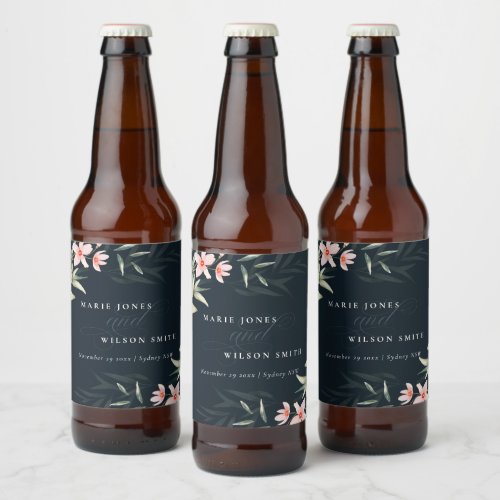 Dark Navy Blush Greenery Floral Bunch Wedding Beer Bottle Label
