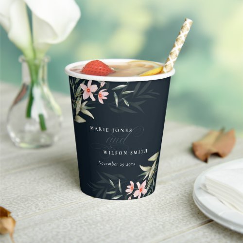 Dark Navy Blush Greenery Floral Bunch Wedding Paper Cups