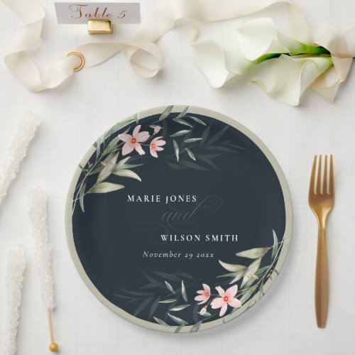 Dark Navy Blush Greenery Floral Bunch Wedding Paper Plates