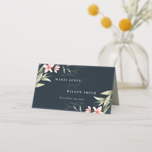 Dark Navy Blush Greenery Floral Bunch Wedding Place Card