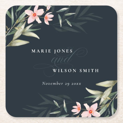Dark Navy Blush Greenery Floral Bunch Wedding Square Paper Coaster
