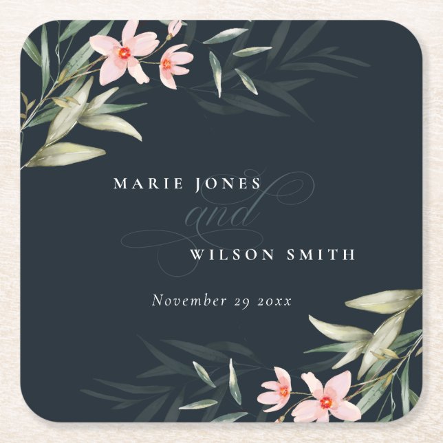 Dark Navy Blush Greenery Floral Bunch Wedding Square Paper Coaster (Front)