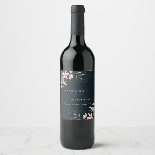Dark Navy Blush Greenery Floral Bunch Wedding Wine Label