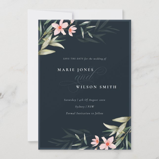 Dark Navy Blush Greenery Floral Save the Date Card (Front)