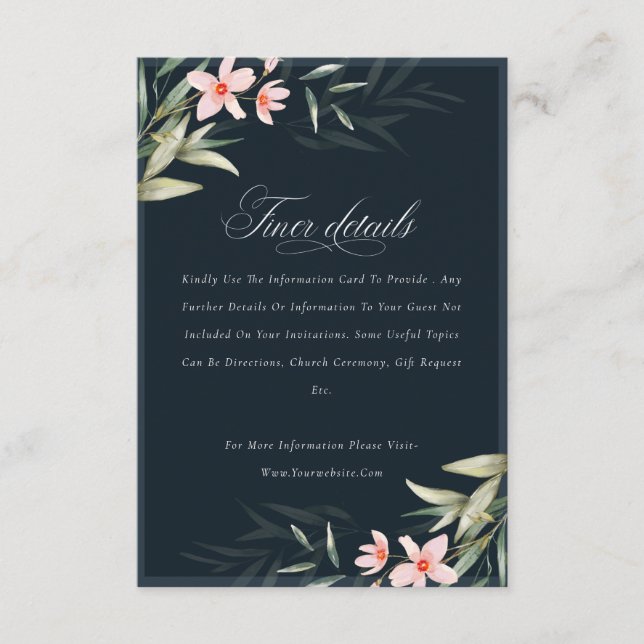 Dark Navy Blush Greenery Floral Wedding Details Enclosure Card (Front)