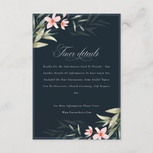 Dark Navy Blush Greenery Floral Wedding Details Enclosure Card