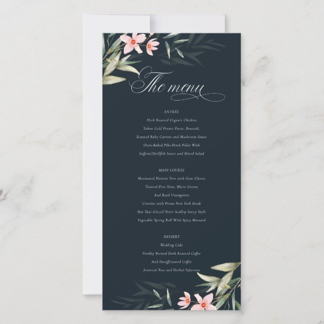 Dark Navy Blush Greenery Floral Wedding Menu Card (Front)