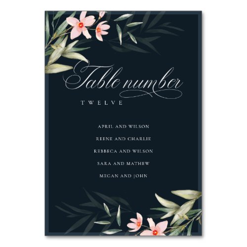 Dark Navy Blush Greenery Floral Wedding Name Table Number