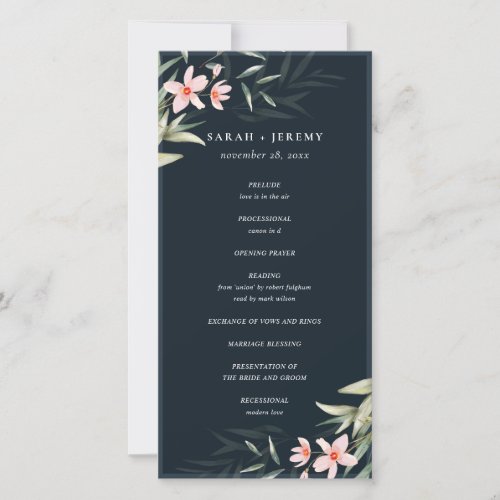 Dark Navy Blush Greenery Floral Wedding Program