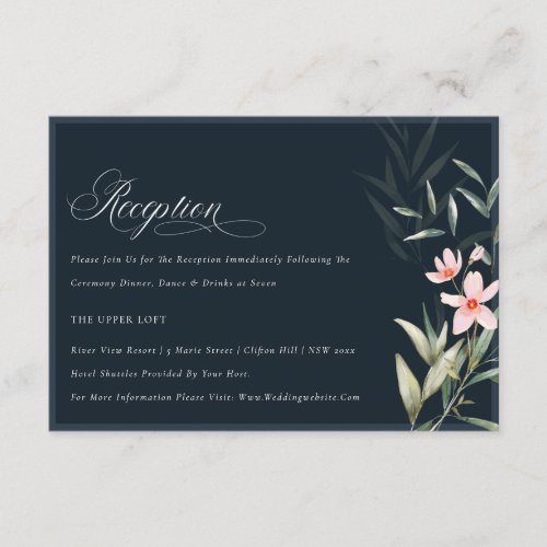 Dark Navy Blush Greenery Floral Wedding Reception Enclosure Card
