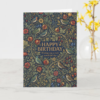 Dark Navy Botanical Birds Floral Happy Birthday Card