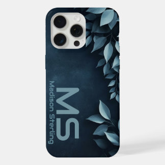 Dark Navy Botanical Leaves Monogram iPhone Case 