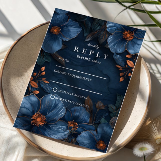 Dark Navy Botanical Romance RSVP Card (Creator Uploaded)