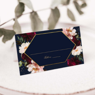 Dark Navy Burgundy Blush Peonies Floral Wedding Place Card